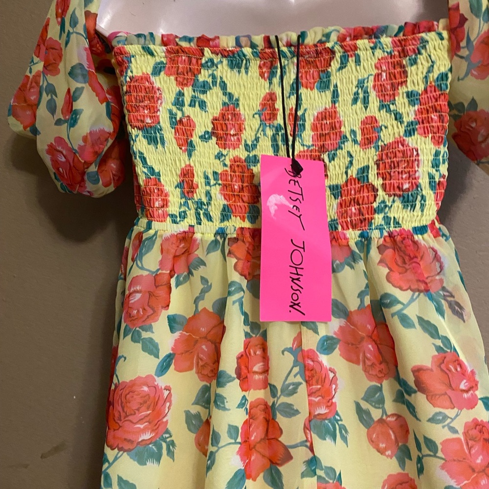 Betsy Johnson Size M Off Shoulder Puffy Sleeve Yellow Floral Lined Dress - Picture 9 of 13